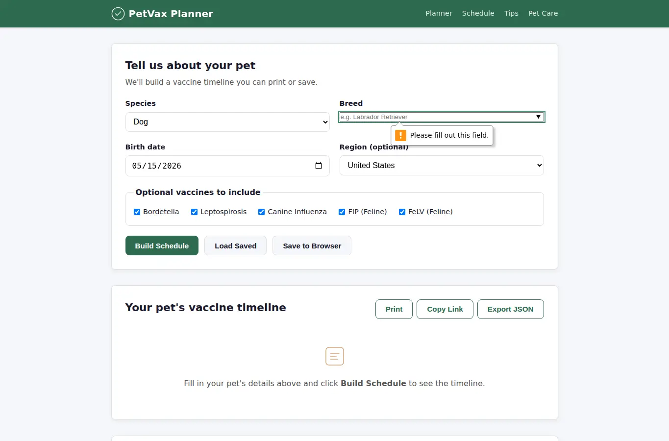 Screenshot of Pet Vaccination Schedule Builder interface showing the project page in use